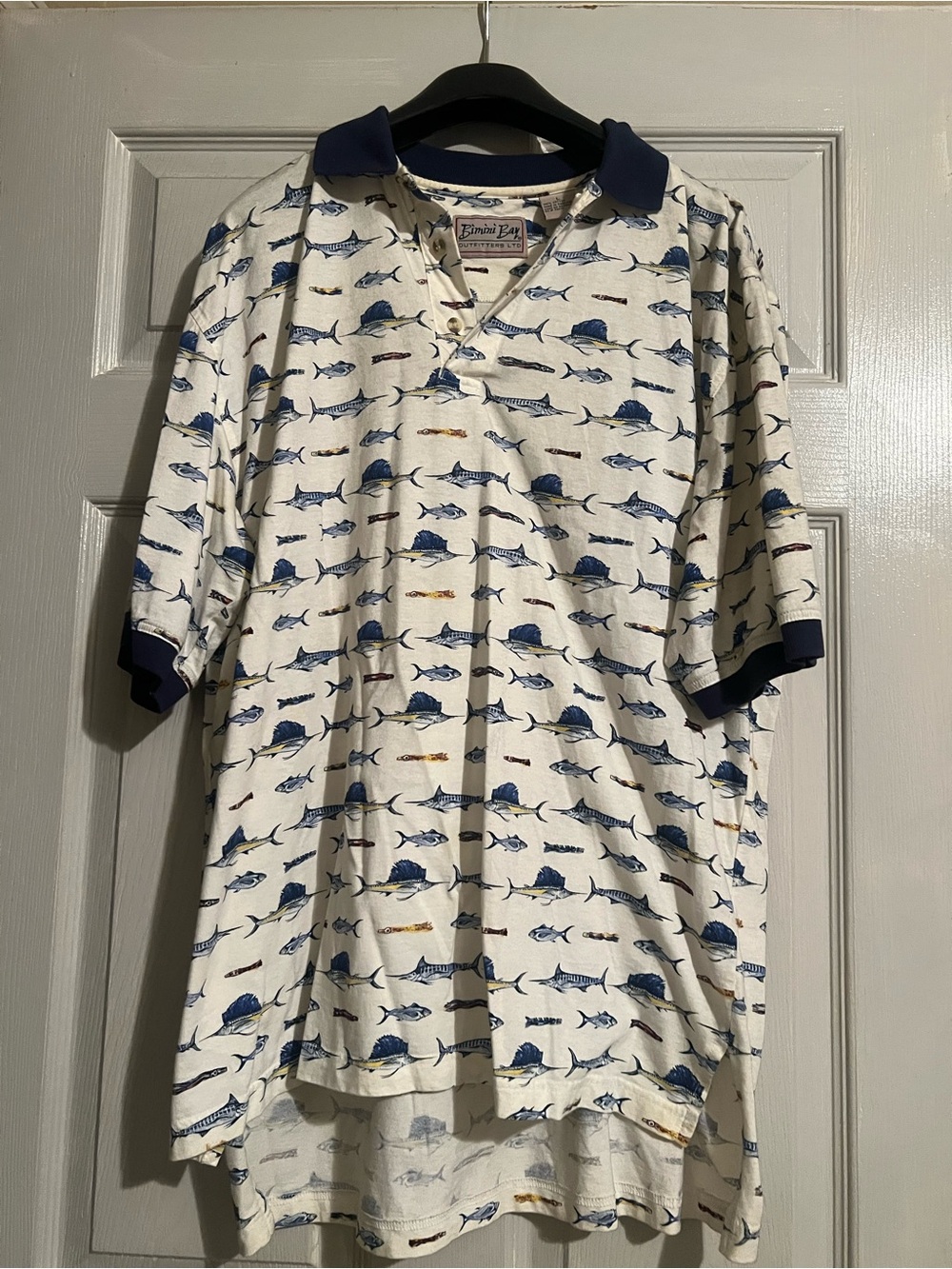 Fish Print Polo Shirt - White & Blue